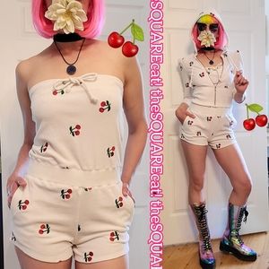 🍒 2 piece SET! Betsey Johnson cherry fruit embroidery hoodie & strapless romper